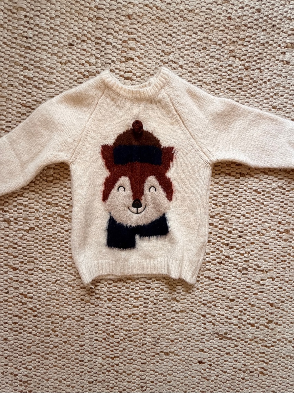 SFERRA Cream Kids Fox Knit Sweater with Navy and Brown Accent